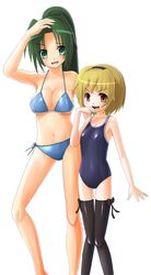  2girls :d age_difference arm_up armpits bangs bikini black_legwear blonde_hair blue_bikini blush bow bow_legwear breasts child cleavage flat_chest green_eyes green_hair hairband hand_to_own_mouth higurashi_no_naku_koro_ni houjou_satoko large_breasts long_hair long_legs looking_at_viewer multiple_girls naughty_face navel no_naku_koro_ni_(series) one-piece_swimsuit open_mouth parted_bangs patorishia ponytail red_eyes ryuukishi07 school_swimsuit shading_eyes shiny shiny_clothes short_hair side-tie_bikini smile sonozaki_mion standing swimsuit thigh-highs thigh_gap under_boob 