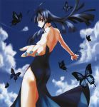  1girl blue_hair blue_nails butterfly clouds dengeki_hime dress evening_gown long_hair nail_polish open-back_dress red_eyes sky solo 