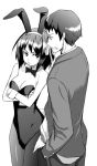  1boy 1girl adachi_yousuke animal_ears bunnysuit kyon monochrome pantyhose rabbit_ears suzumiya_haruhi suzumiya_haruhi_no_yuuutsu 