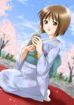  1girl brown_eyes brown_hair cherry_blossoms cup dutch_angle floral_print hagiwara_yukiho holding holding_cup idolmaster itsuki_sayaka japanese_clothes kimono obi open_mouth outdoors petals sash seiza short_hair sitting sky smile solo tabi teacup tree white_legwear yunomi 