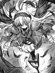  00s 1girl bangs dress feathers floating_hair foreshortening frilled_sleeves frills from_above hairband katsupisa lamppost legs_together lolita_fashion long_hair long_sleeves monochrome rozen_maiden sketch solo standing suigintou wings 