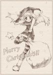  christmas goggles graphite_(medium) monochrome pencil ryouka_(suzuya) striped striped_legwear thigh-highs traditional_media wings 