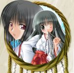  2girls black_hair blush japanese_clothes long_hair miko mirror multiple_girls noritama_(gozen) one_eye_closed original red_hakama wink 