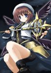  1girl blue_eyes fingerless_gloves gloves hat karamiti lyrical_nanoha magical_girl mahou_shoujo_lyrical_nanoha mahou_shoujo_lyrical_nanoha_strikers schwertkreuz solo staff waist_cape wings x_hair_ornament yagami_hayate 