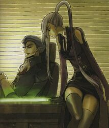  1boy 1girl code_geass desk jeremiah_gottwald kimura_takahiro official_art on_desk pencil_skirt sitting sitting_on_desk skirt thigh-highs villetta_nu zettai_ryouiki 