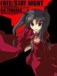  1girl black_bow black_hair blouse bow clenched_hand coat crazy_developers cross english fate/stay_night fate_(series) green_eyes long_hair looking_at_viewer open_mouth red_bow red_coat solo tagme teeth tohsaka_rin turtleneck 
