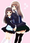  2girls :d ahoge backpack bag bangs black_legwear blue_eyes blush brown_hair from_behind hand_holding height_difference interlocked_fingers kneehighs long_hair looking_at_viewer looking_back mikazukimo miniskirt multiple_girls open_mouth outline pink_background pleated_skirt school_bag school_uniform serafuku shirt simple_background skirt smile striped striped_shirt sweater thigh-highs white_legwear zettai_ryouiki 