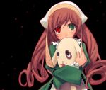 00s 1girl :p animal black_background brown_hair curly_hair dog dress green_dress green_eyes head_scarf heterochromia holding juliet_sleeves kunkun long_hair long_sleeves looking_at_viewer puffy_long_sleeves puffy_sleeves red_eyes rozen_maiden simple_background solo straightchromia suiseiseki tatsukichi tongue tongue_out very_long_hair 