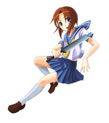  1girl billhook blue_eyes brown_hair crazy_eyes hatchet higurashi_no_naku_koro_ni jump_back_pose jumping looking_back patorishia patricia_(stylish_marunage) ryuuguu_rena school_uniform serafuku solo 