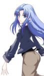  1girl ass blue_eyes blue_hair braid caster casual fate/stay_night fate_(series) haruno_tomoya pointy_ears solo 