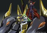  1boy 1girl brown_hair c.c. cape code_geass crossed_arms full_body gawain green_hair helmet lelouch_lamperouge long_hair looking_at_viewer mecha midori_(searchlight) short_hair sidelocks sitting standing uniform very_long_hair 