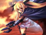  1girl arm_belt bardiche belt blonde_hair cape energy_sword fate_testarossa fingerless_gloves gloves kouno_hikaru lyrical_nanoha magical_girl mahou_shoujo_lyrical_nanoha mahou_shoujo_lyrical_nanoha_a&#039;s red_eyes solo sword thigh-highs twintails weapon 