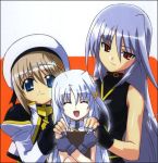  3girls ahoge blue_eyes blue_hair book brown_hair closed_eyes fingerless_gloves gloves hat long_hair lowres lyrical_nanoha magical_girl mahou_shoujo_lyrical_nanoha mahou_shoujo_lyrical_nanoha_a&#039;s mahou_shoujo_lyrical_nanoha_strikers multiple_girls open_mouth red_eyes reinforce reinforce_zwei short_hair silver_hair time_paradox tome_of_the_night_sky unison yagami_hayate 