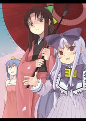  3.1-tan 3girls 95-tan blue_hair brown_hair closed_eyes ikura_hato japanese_clothes kimono letterboxed long_hair mama-t multiple_girls oriental_umbrella os-tan petals purple_hair red_eyes short_hair smile umbrella 