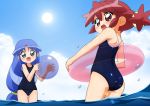  2girls absurdres ball competition_school_swimsuit fine fushigiboshi_no_futago_hime highres innertube long_hair low-tied_long_hair multiple_girls old_school_swimsuit one-piece_swimsuit rein school_swimsuit sugimura_tomokazu swimsuit tied_hair water 