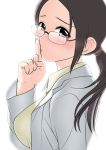  blush finger_to_mouth glasses labcoat otakubeam ponytail shushing 