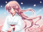  1girl :d bow brown_eyes cherry_blossoms hakama hakama_skirt japanese_clothes kanami_yuki long_hair long_sleeves looking_at_viewer miko open_mouth original petals pink_hair pleated_skirt red_bow red_hakama skirt smile solo upper_body very_long_hair wide_sleeves 
