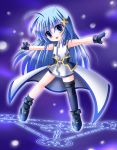  1girl ahoge asymmetrical_clothes asymmetrical_legwear blue_eyes blue_hair fingerless_gloves futaba_shion gloves hair_ornament lyrical_nanoha magic_circle magical_girl mahou_shoujo_lyrical_nanoha mahou_shoujo_lyrical_nanoha_strikers reinforce_zwei solo thigh-highs utanone_shion waist_cape x_hair_ornament 