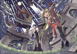  1boy 1girl arm_behind_head arm_up ascot black_hair blazer blonde_hair boots clouds full_moon grass moon night original pants perspective plant ruins sitting space_craft standing tank_top thigh-highs thrusters tree vines wind yellow_eyes yuu_(yuyukaikan) 