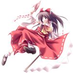  1girl ascot blue_eyes bow brown_hair detached_sleeves female fuyuwa_kotatsu gohei hair_ribbon hair_tubes hakurei_reimu jumping ofuda ribbon ribbon-trimmed_sleeves ribbon_trim shoes simple_background skirt socks solo touhou white_background 