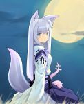  1girl animal_ears blue_eyes fox_ears full_moon hakama japanese_clothes moon original poco_(asahi_age) purple_hair solo tail 