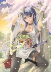  blue_hair cherry_blossoms japanese_clothes pantyhose sword weapon yuu_(yuyukaikan) 