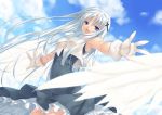  1girl :d armpits bare_shoulders blue_eyes cross gloves keg long_hair open_mouth original outstretched_arms sky smile solo spread_arms white_hair wings 