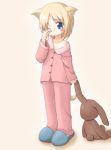  1girl alice_(ikuno_yui) animal_ears blonde_hair blue_eyes cat_ears dog_ears dog_tail ikuno_yui original pajamas slippers solo stuffed_animal stuffed_toy tail teddy_bear 