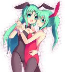  2girls animal_ears aqua_eyes aqua_hair bare_shoulders bow bowtie breasts bunny_girl bunny_tail bunnysuit cleavage green_eyes green_hair hand_holding happy higurashi_no_naku_koro_ni hug incest incipient_kiss mei multiple_girls open_mouth pantyhose ponytail rabbit_ears shy siblings sisters smile sonozaki_mion sonozaki_shion subaru_(yachika) tail twincest twins wrist_cuffs yuri 