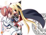  00s 2girls belt blonde_hair cape fate_testarossa feathers fingerless_gloves gloves kazekawa_nagi lyrical_nanoha magic_circle magical_girl mahou_shoujo_lyrical_nanoha multiple_girls takamachi_nanoha thigh-highs twintails 