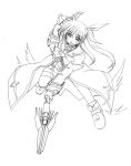  1girl bow fingerless_gloves gloves lyrical_nanoha magical_girl mahou_shoujo_lyrical_nanoha mahou_shoujo_lyrical_nanoha_strikers monochrome raising_heart shoes solo takamachi_nanoha twintails waist_cape winged_shoes wings zero_point 