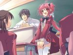  1boy 2girls classroom game_cg itou_noiji momose_hikaru multiple_girls peace@pieces red_eyes redhead thigh-highs 