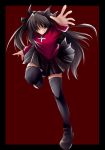  1girl black_legwear black_skirt border cross fate/stay_night fate_(series) foreshortening fuyuwa_kotatsu leg_up long_hair long_sleeves looking_at_viewer pleated_skirt red_background simple_background skirt solo standing_on_one_leg sweater thigh-highs tohsaka_rin turtleneck zettai_ryouiki 