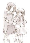  2girls bag blush collarbone eyebrows eyebrows_visible_through_hair grocery_bag long_hair looking_at_viewer monochrome multiple_girls pink sasaki sasaki_(suzumiya_haruhi) shopping_bag short_hair simple_background skirt standing suzumiya_haruhi_no_yuuutsu sweater tachibana_kyouko white_background 