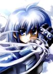  1girl blue_eyes blue_hair clenched_hand gauntlets headband kouno_hikaru looking_at_viewer lyrical_nanoha magical_girl mahou_shoujo_lyrical_nanoha mahou_shoujo_lyrical_nanoha_strikers revolver_knuckle shaded_face solo subaru_nakajima upper_body visible_air 