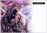  6+boys 6+girls bicycle cherry_blossoms from_behind full_body looking_at_viewer masakichi multiple_boys multiple_girls original outdoors plant riding spring_(season) standing thigh-highs thighs tree vehicle white_legwear 