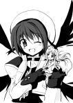  2girls fingerless_gloves gloves hair_ornament hat lyrical_nanoha magical_girl mahou_shoujo_lyrical_nanoha mahou_shoujo_lyrical_nanoha_strikers minamura_haruki minigirl monochrome multiple_girls one_eye_closed reinforce_zwei thigh-highs waist_cape wings x_hair_ornament yagami_hayate 