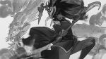  1girl absurdres action akali akali_(legacy) alternate_costume antlers arm_guards arm_up bangs blood_moon_akali blunt_bangs commentary dragon dual_wielding eastern_dragon english_commentary eyeliner feet_out_of_frame greyscale highres holding holding_sword holding_weapon japanese_clothes kama_(weapon) kimono knee_up league_of_legends lips long_hair long_sleeves looking_at_viewer makeup mask mask_on_head monochrome obi outstretched_arm ribbon-trimmed_sleeves ribbon_trim sash short_kimono short_sword sickle sidelocks sketch smirk solo sword thigh-highs weapon wide_sleeves zeenchin 
