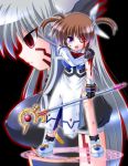  2girls blood bow brown_hair facial_mark fingerless_gloves futaba_shion gloves hair_ribbon jacket long_hair lyrical_nanoha magazine_(weapon) magic_circle magical_girl mahou_shoujo_lyrical_nanoha mahou_shoujo_lyrical_nanoha_a&#039;s multiple_girls one_eye_closed open_clothes open_jacket raising_heart red_bow red_eyes redhead reinforce ribbon silver_hair takamachi_nanoha torn_clothes twintails utanone_shion violet_eyes winged_hair_ornament 