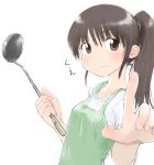  1girl apron blush foreshortening hands kashmir ladle ponytail smile solo 