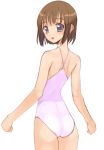  1girl ass back blue_eyes brown_hair casual_one-piece_swimsuit female from_behind kusaka_souji looking_back one-piece_swimsuit original short_hair simple_background sketch smile solo swimsuit white_swimsuit 