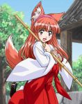  1girl animal_ears fox_ears hirata_katsuzou japanese_clothes jpeg_artifacts lowres miko red_hakama solo 