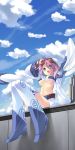  1girl akizuki_nagi blue_eyes breasts game_cg goggles highres itou_noiji midriff open_mouth peace@pieces pink_hair sky smile solo under_boob wings 