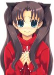  1girl bangs black_ribbon blue_eyes closed_mouth fate/stay_night fate_(series) hair_ribbon hands_on_own_chest long_sleeves looking_at_viewer own_hands_together parted_bangs ribbon sakurai_unan sidelocks smile solo sweater tohsaka_rin turtleneck twintails 