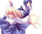  00s 2girls ahoge arcueid_brunestud blonde_hair blue_skirt breasts ciel fuyuwa_kotatsu large_breasts long_skirt long_sleeves looking_at_viewer multiple_girls outstretched_arms purple_skirt robe short_hair simple_background skirt standing sweater tsukihime white_background 