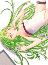  1girl c.c. code_geass green_hair hands licking long_hair solo strapless thigh-highs uni yellow_eyes 