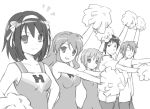  2boys 3girls asahina_mikuru cheerleader hayato koizumi_itsuki kyon lowres lucky_star monochrome motteke!_serafuku multiple_boys multiple_girls nagato_yuki parody suzumiya_haruhi suzumiya_haruhi_no_yuuutsu 