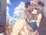  bespectacled bonnet book clouds female frills glasses hat kusanagi_kikoku outdoors patchouli_knowledge purple_hair sitting sky touhou 