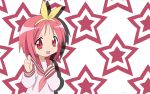  1girl bow highres kamigishi_akari lucky_star parody solo thumbs_up to_heart vector_trace wallpaper yellow_bow 