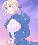  1girl ahoge blonde_hair blue_dress breasts cleavage cleavage_cutout dress fate/stay_night fate_(series) green_eyes juliet_sleeves kannuki_hisui long_sleeves puffy_long_sleeves puffy_sleeves purple_sky saber short_hair small_breasts solo upper_body 
